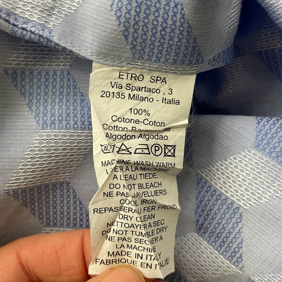 Men's Etro 100% Cotton Dress shirt White Blue 3D Squares-Sz. 44-XL - Picture 6 of 12